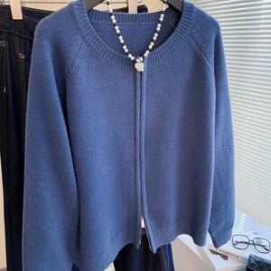 Blue two way zipper viscose blend cardigan, medium, $42.  Mid-weight.
